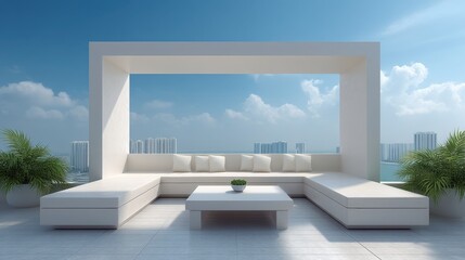 Obraz premium Modern Rooftop Outdoor Lounge Area with White Furniture, Scenic City View and Clear Blue Sky Perfect for Relaxation and Leisure Activities