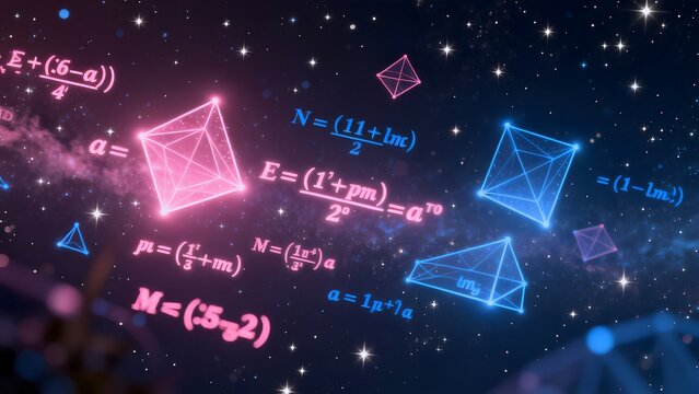 Mathematical equations and geometric shapes in space