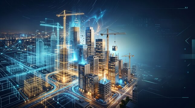 Futuristic 3D hologram of a city construction site with glowing glowing blue and orange blueprints and cranes