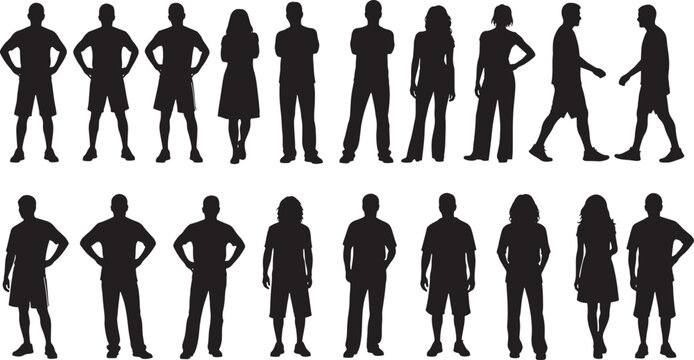 Set of diverse silhouettes showing various human poses and body types