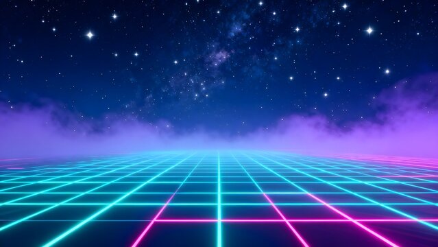 neon grid under starry sky