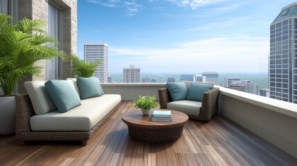 Obraz premium Cozy and Modern Outdoor Terrace with Comfortable Furniture and Stunning City View on a Bright Sunny Day