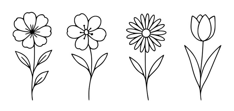 Flower icon set in outline style, for plant coloring design