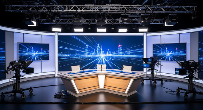 modern news studio with futuristic cityscape backdrop for business broadcast and financial reporting