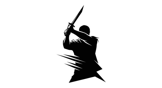 Silhouette Warrior with Sword, Action Pose, Dynamic Movement, Black and White Graphic