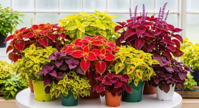 A vibrant collection of potted coleus plants showcasing intensely colored foliage in various hues and patterns.