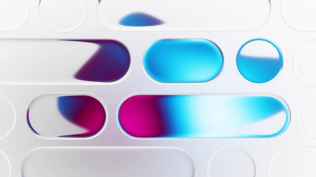 Glossy glass plates with pastel reflecting colors on white. Abstract background in seamless loop.