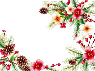 Fototapeta premium Watercolor Christmas wreath with pinecones, berries, and flowers, Christmas Wreaths, Botanical