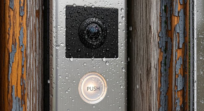 Close-up of a weatherproof intercom doorbell with a camera and push button covered in raindrops on a wooden door frame