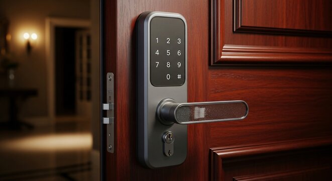 Smart digital door lock with keypad and handle on a wooden door, modern home security technology