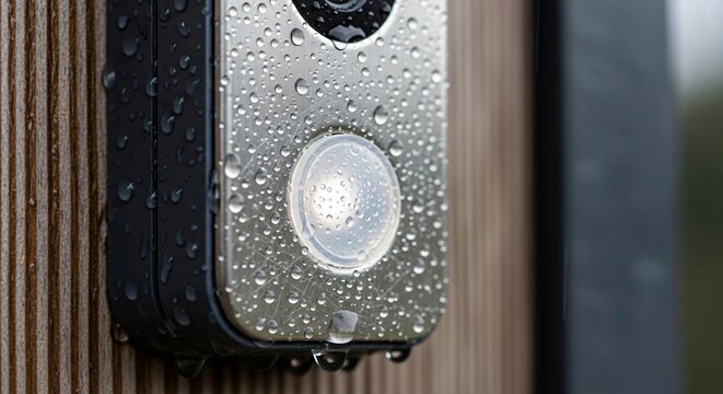 Modern, weather-resistant smart doorbell covered in glistening raindrops, its illuminated button shining brightly, demonstrating robust outdoor home security technology in wet conditions