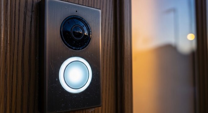 Sleek smart video doorbell with an integrated security camera and bright illuminated button on a contemporary wooden door, highlighting modern home safety and convenient access control