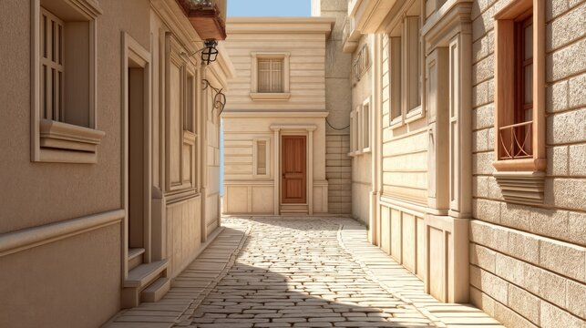 Narrow cobblestone street between historic buildings in a quiet town, showcasing architectural details and warm sunlight creating a serene atmosphere