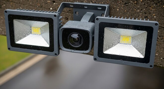 Advanced outdoor security camera system featuring powerful LED floodlights for enhanced property protection and illuminated surveillance, ensuring peace of mind