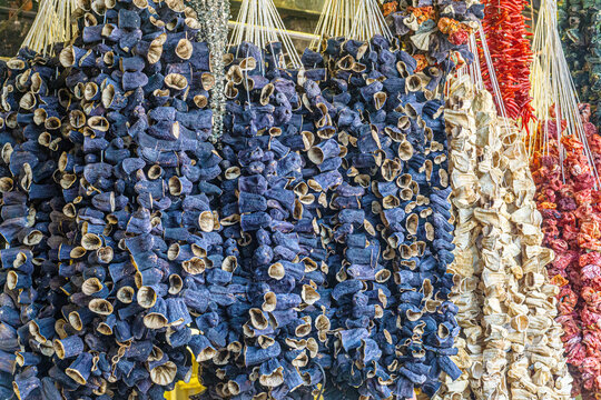 The colorful views of the dried vegetables at the market in Gaziantep, Turkey.
