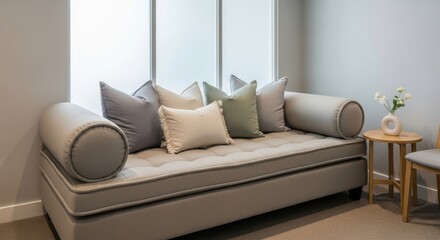 Fototapeta premium A modern daybed with plush supportive bolsters and a variety of comfortable neutral toned pillows, perfect for a relaxing living space.