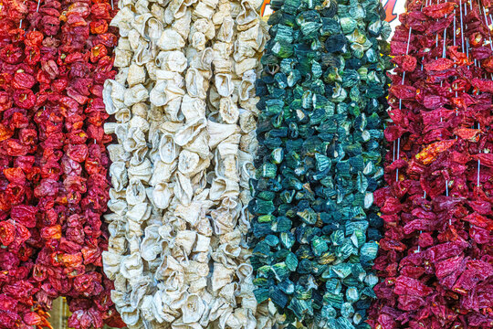 The colorful views of the dried vegetables at the market in Gaziantep, Turkey.