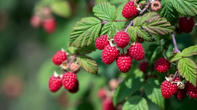Slow motion tracking shot of ripe raspberries swaying on bush in sunlit garden close up handheld dolly movement
