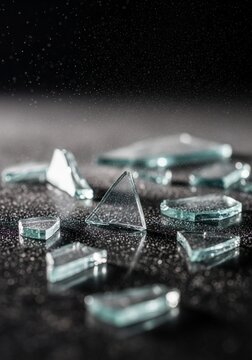 Broken glass fragments on dark surface
