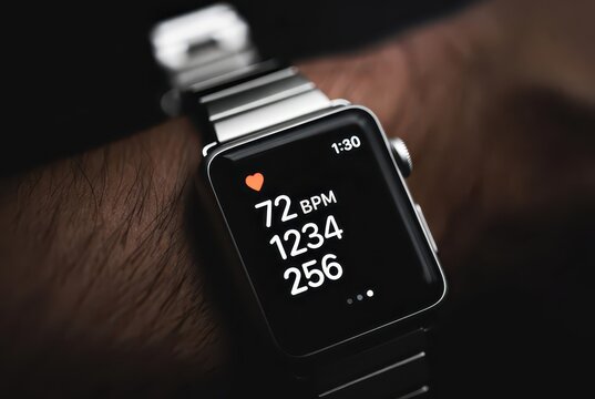 Smartwatch displays heart rate and activity data on a wrist, showcasing health monitoring technology