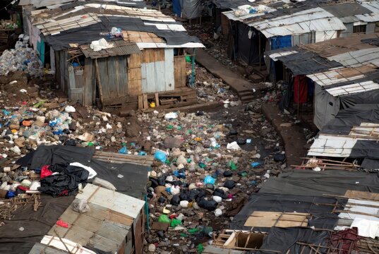 Aerial view of a densely populated slum with makeshift housing and accumulated waste