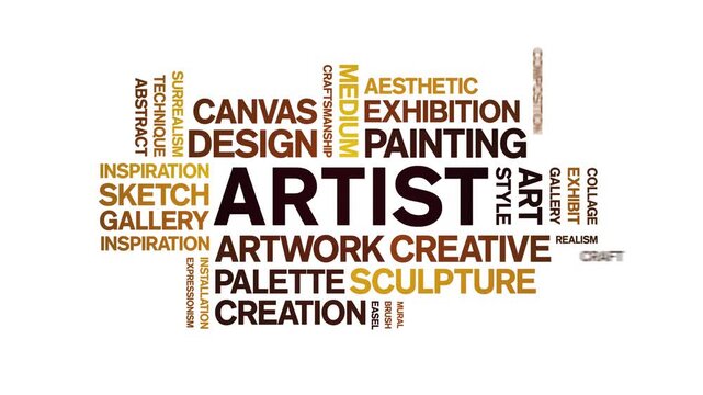 Artist animated word cloud-text design animation tag kinetic typography seamless loop.