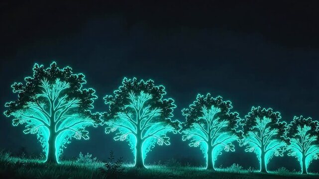 Glowing trees in a dark landscape