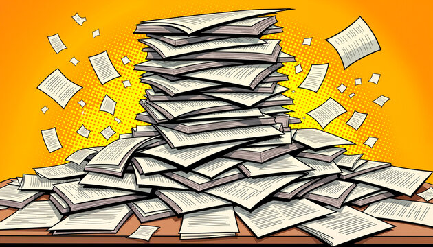 Dynamic pile of flying papers in chaotic office scene, corporate chaos, pop art style  