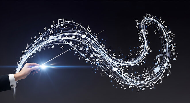 Hand with conductor's baton creating magical glowing musical notes