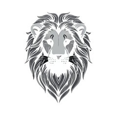Obraz premium Stylized illustration of a majestic lion's head with a detailed mane, rendered in shades of gray and black.