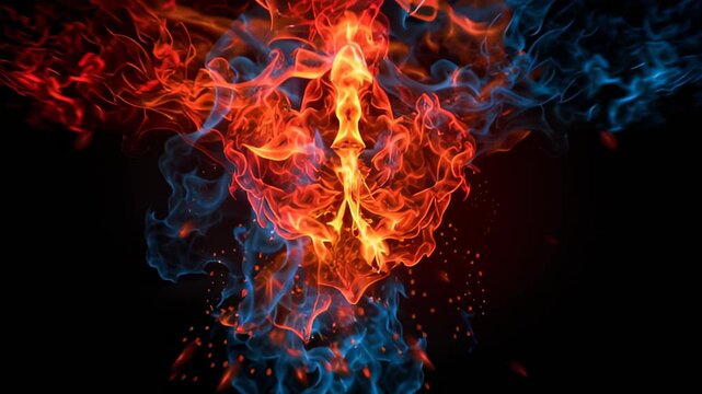 Fire and ice merge in a colorful display of flames with orange and blue hues illuminated against a black background