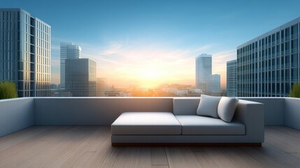 Obraz premium Modern balcony with sleek furniture overlooking a vibrant city skyline during sunset, showcasing urban lifestyle and tranquility in a busy environment.