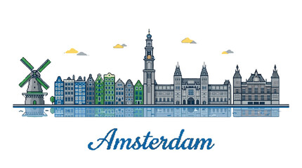 Obraz premium Stylized digital illustration of Amsterdam cityscape featuring iconic buildings windmill and canals in a modern minimalist design