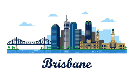 Obraz premium Colorful pixel art depiction of Brisbane city skyline featuring iconic bridges and skyscrapers with a serene water reflection