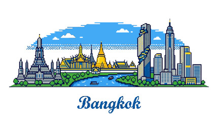 Naklejka premium Colorful digital illustration of Bangkok's iconic skyline featuring historic temples alongside modern skyscrapers and lush