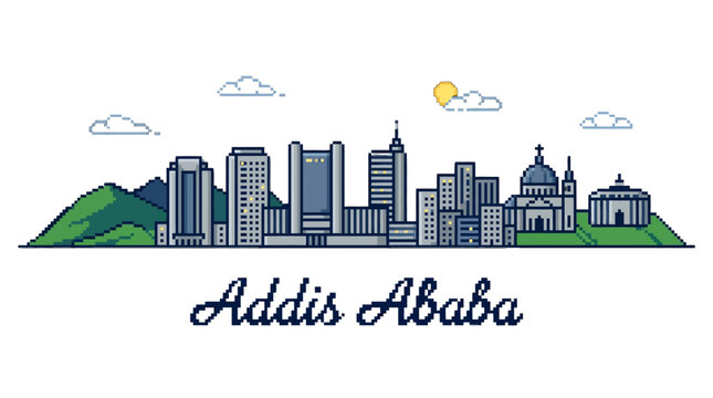 Digital pixel art cityscape featuring diverse skyscrapers and lush green hills under partly cloudy sky with sunlight