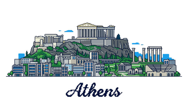 Detailed illustration of Athens' historic landmarks including the acropolis and ancient structures showcasing architectural