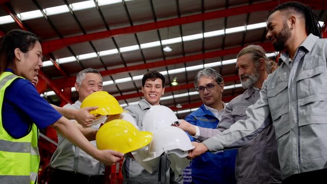 Celebrating workplace safety team members in warehouse group photo industrial environment joyful moment team spirit