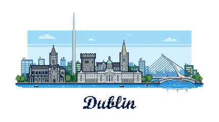 Obraz premium Vibrant digital illustration of Dublin skyline showcasing historic landmarks and modern architecture with a colorful, stylized