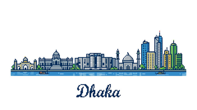 Detailed digital illustration of Dhaka's skyline showcasing modern skyscrapers and historic landmarks emphasizing urban