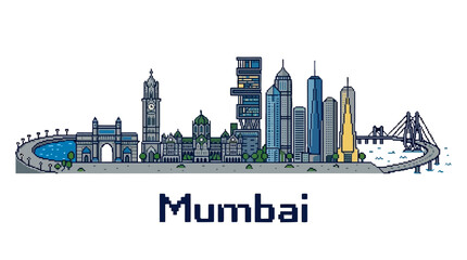Obraz premium Detailed digital pixel art illustration of Mumbai skyline with iconic landmarks and vibrant cityscape elements capturing the