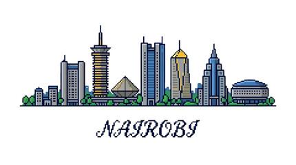 Fototapeta premium Digital pixel art illustration of a modern city skyline with diverse skyscrapers and urban landscape capturing the essence of