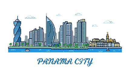 Fototapeta premium Panama City skyline featuring modern skyscrapers along waterfront with lush greenery and historical architecture in vibrant