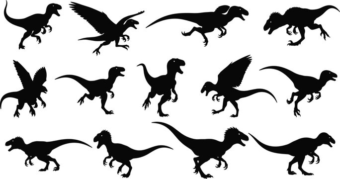 Dinosaur silhouettes vector set, prehistoric animals collection, T rex raptor flying pterosaur black isolated illustration&rdquo;