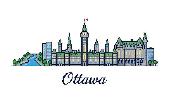 Stylized digital illustration of Ottawa's iconic skyline with Parliament Hill and surrounding buildings emphasizing historic