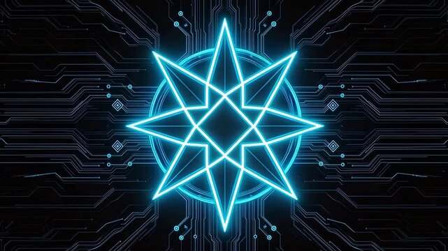 Blue neon star on circuit board