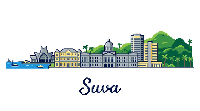 Pixel Art Illustration of Suva Cityscape with Urban Landmarks and Lush Green Hills