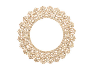 Round handmade crochet lace doily frame with scalloped edge on a transparent background