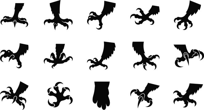 Eagle talons silhouettes vector set, bird claws attack poses, predator animal black isolated illustration&rdquo;