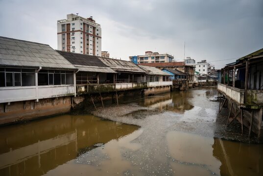 Dilapidated stilt houses line a polluted canal with modern buildings in background